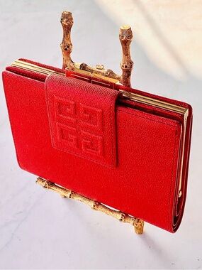 GIVENCHY Red Leather Wallet Clutch with Embossed Logo KISSLOCK